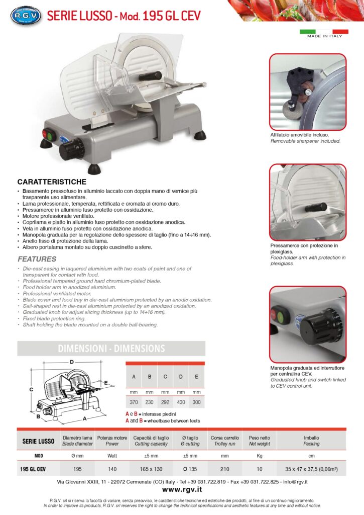 RGV 195GL-LUSSO Aufschnittmaschine - Aluminium, 195mm Klinge, 110 Watt